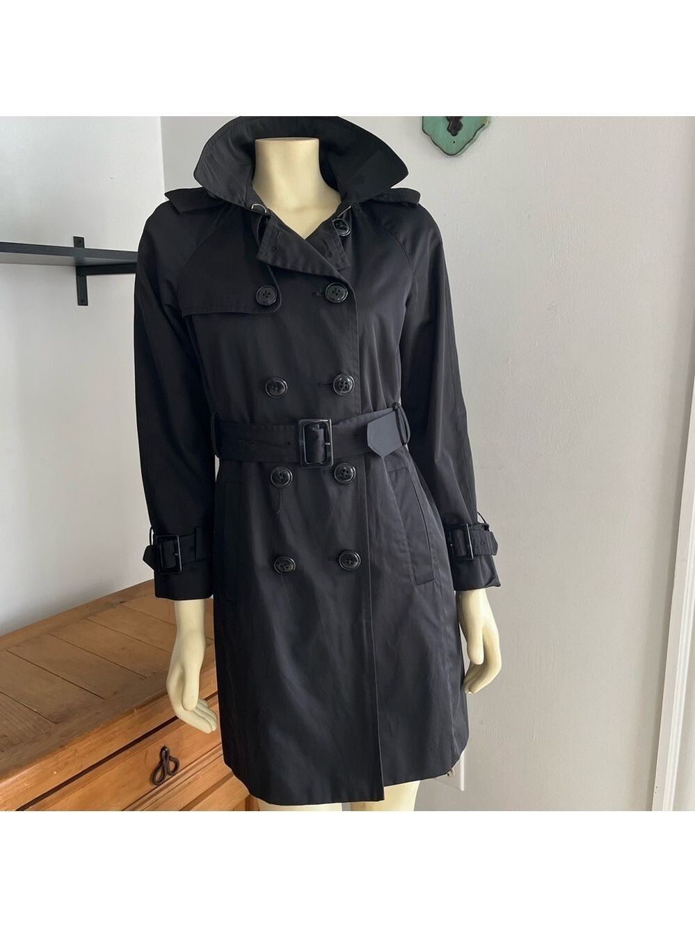 London Fog Women’s Belted Double Breasted Black Water-repellent Trench Coat PS